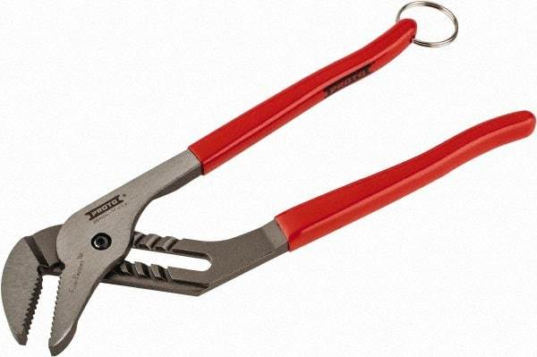 Proto - 12" OAL, 2-1/2" Jaw Width, 7 Position Tethered Tongue & Groove Pliers - V-Jaws, Vinyl Handles - A1 Tooling