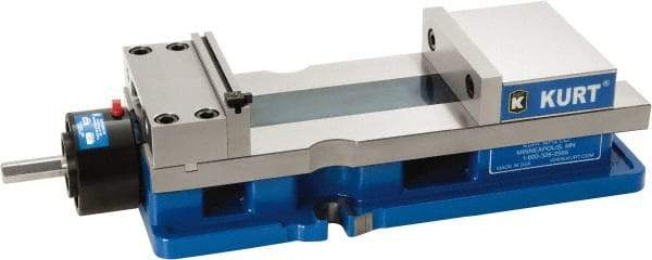 Kurt - 6" Jaw Width, 9" Jaw Opening Capacity, Horizontal Stationary Machine Vise - Reverse Hydraulic Operation, 1 Station, 20.553" Long x 4.86" High x 1-47/64" Deep, 1.735" Jaw Height, 5,250 Lb Max Clamp Force, Ductile Iron - A1 Tooling