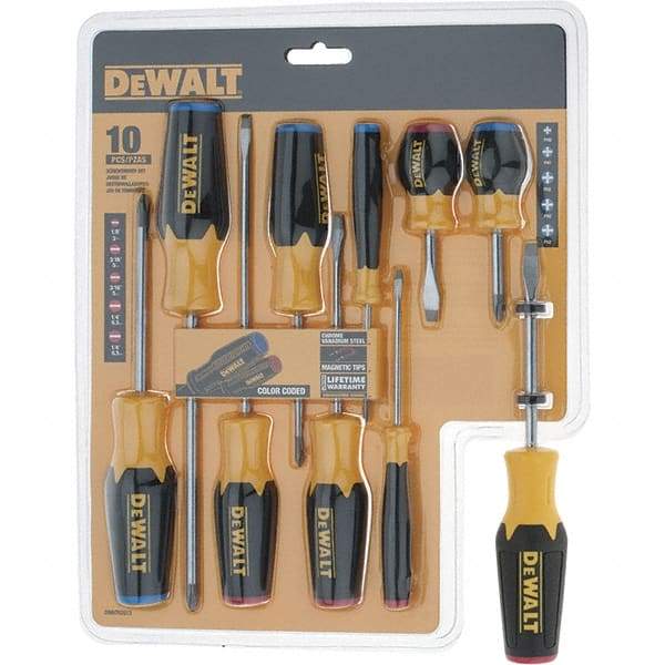 DeWALT - 10 Piece Slotted & Phillips Screwdriver Set - Color Coded Handle, Blade Sizes: Length 6, Width 3/16, 1/4 & 1/8, Bit Sizes: Philips #0 to #2, Tip Thickness: 1/8, 3/16 & 1/4 - A1 Tooling