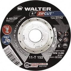 WALTER Surface Technologies - 60 Grit, 4-1/2" Wheel Diam, 3/64" Wheel Thickness, 7/8" Arbor Hole, Type 27 Depressed Center Wheel - Aluminum Oxide, Resinoid Bond, 13,300 Max RPM, Compatible with Angle Grinder - A1 Tooling