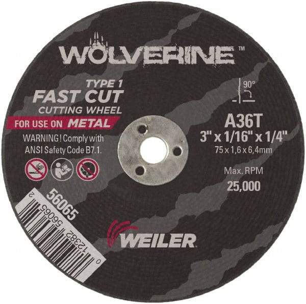 Weiler - 3" 36 Grit Aluminum Oxide Cutoff Wheel - 1/16" Thick, 1/4" Arbor, 25,000 Max RPM, Use with Die Grinders - A1 Tooling