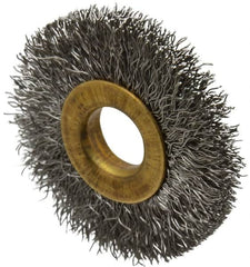 Value Collection - 1-1/2" OD, 3/8" Arbor Hole, Crimped Stainless Steel Wheel Brush - 1/4" Face Width, 3/8" Trim Length, 0.007" Filament Diam, 20,000 RPM - A1 Tooling