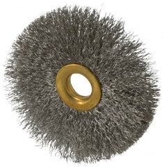 Value Collection - 3" OD, 1/2" Arbor Hole, Crimped Stainless Steel Wheel Brush - 3/8" Face Width, 1" Trim Length, 0.007" Filament Diam, 15,000 RPM - A1 Tooling