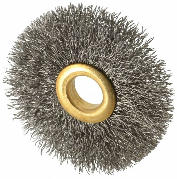 Value Collection - 2-1/2" OD, 1/2" Arbor Hole, Crimped Stainless Steel Wheel Brush - 3/8" Face Width, 3/4" Trim Length, 0.012" Filament Diam, 15,000 RPM - A1 Tooling