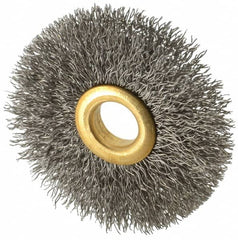 Value Collection - 2-1/2" OD, 1/2" Arbor Hole, Crimped Stainless Steel Wheel Brush - 3/8" Face Width, 3/4" Trim Length, 0.012" Filament Diam, 15,000 RPM - A1 Tooling