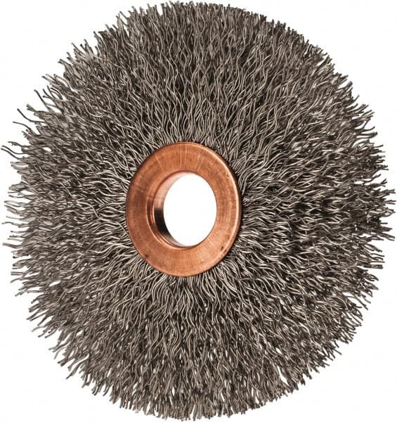 Value Collection - 3" OD, 1/2" Arbor Hole, Crimped Stainless Steel Wheel Brush - 3/8" Face Width, 1" Trim Length, 0.012" Filament Diam, 15,000 RPM - A1 Tooling