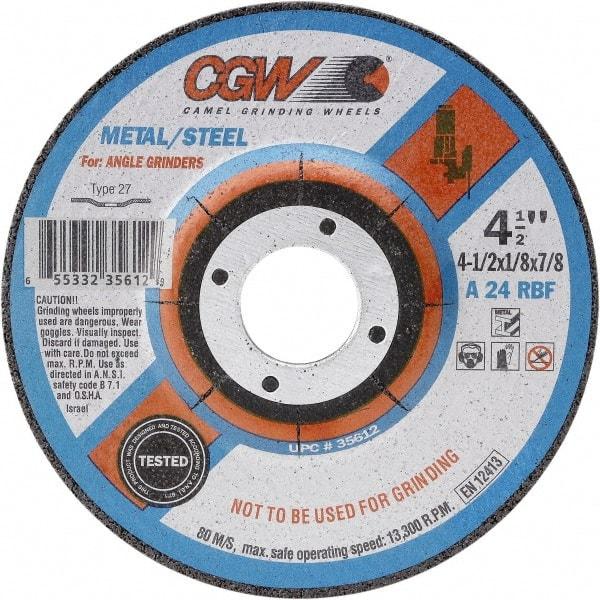 Camel Grinding Wheels - 24 Grit, 7" Wheel Diam, 1/8" Wheel Thickness, Type 27 Depressed Center Wheel - Coarse Grade, Aluminum Oxide, Resinoid Bond, 8,600 Max RPM - A1 Tooling