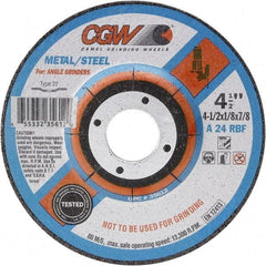 Camel Grinding Wheels - 24 Grit, 6" Wheel Diam, 1/8" Wheel Thickness, Type 27 Depressed Center Wheel - Coarse Grade, Aluminum Oxide, Resinoid Bond, 10,200 Max RPM - A1 Tooling