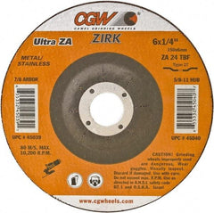 Camel Grinding Wheels - 24 Grit, 6" Wheel Diam, 1/4" Wheel Thickness, Type 27 Depressed Center Wheel - Coarse Grade, Zirconia Alumina, Resinoid Bond, 10,200 Max RPM - A1 Tooling