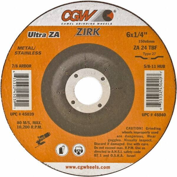 Camel Grinding Wheels - 24 Grit, 7" Wheel Diam, 1/4" Wheel Thickness, 7/8" Arbor Hole, Type 27 Depressed Center Wheel - Coarse Grade, Zirconia Alumina, Resinoid Bond, 8,600 Max RPM - A1 Tooling