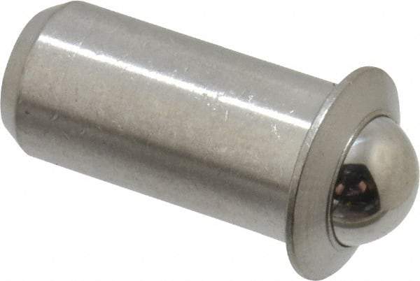 Vlier - 0.0786" Body Length x 3/8" Body Diam, 5 Lb Init to 14 Lb Final End Force, Stainless Steel Press Fit Ball Plunger - 5/16" Ball Diam, 0.11" Max Ball Reach, 0.078" Flange Thickness - A1 Tooling