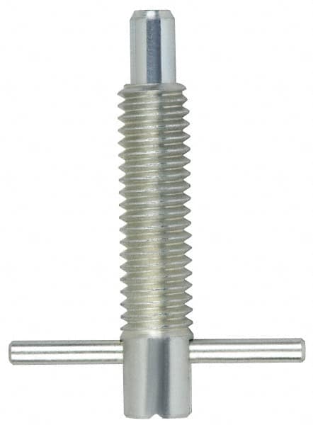 Vlier - M12x1.75 Thread, 2-1/2" Body Length, 1/2" Plunger Projection, 0.31" Plunger Diam, Steel, Locking T Handle Plunger - 1.4" Thread Length, 2" Handle Length, 2" Plunger Length, 2-1/2 Lb Initial End Force, 5 Lb Final End Force, - A1 Tooling