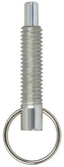 Vlier - 1/4-20, 0.8" Thread Length, 0.155" Plunger Diam, 1/4" Plunger Projection, 1 Lb Init to 2.5 Lb Final End Force, Stainless Steel Locking Pull Ring Plunger - 0.8" Len Under Head, 1.14" Body Len, 0.62" Ring Diam, 1.14" Plunger Len, 0.34" Head Height - A1 Tooling