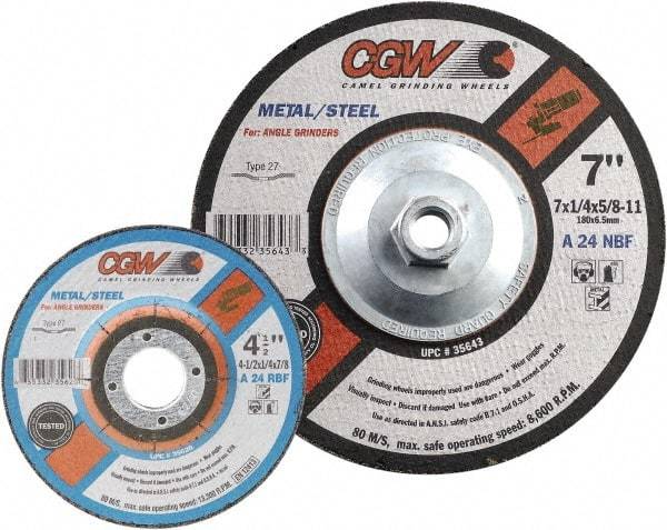 Camel Grinding Wheels - 24 Grit, 6" Wheel Diam, 1/4" Wheel Thickness, Type 27 Depressed Center Wheel - Coarse Grade, Aluminum Oxide, Resinoid Bond, 10,200 Max RPM - A1 Tooling