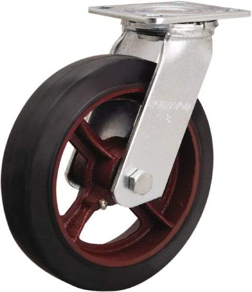 Hamilton - 8" Diam x 2" Wide x 9-1/2" OAH Top Plate Mount Swivel Caster - Rubber Mold on Cast Iron, 500 Lb Capacity, Straight Roller Bearing, 4 x 4-1/2" Plate - A1 Tooling