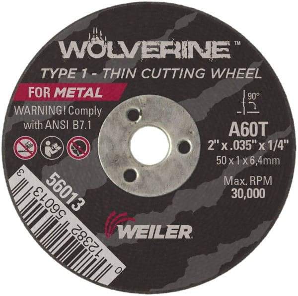 Weiler - 2" 60 Grit Aluminum Oxide Cutoff Wheel - 0.035" Thick, 1/4" Arbor, 30,000 Max RPM, Use with Die Grinders - A1 Tooling