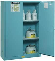 Justrite - 2 Door, 2 Shelf, Blue Steel Standard Safety Cabinet for Corrosive Chemicals - 65" High x 43" Wide x 18" Deep, Manual Closing Door, 3 Point Key Lock, 45 Gal Capacity - A1 Tooling