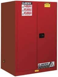 Justrite - 2 Door, 2 Shelf, Red Steel Standard Safety Cabinet for Flammable and Combustible Liquids - 65" High x 43" Wide x 34" Deep, Manual Closing Door, 3 Point Key Lock, 90 Gal Capacity - A1 Tooling