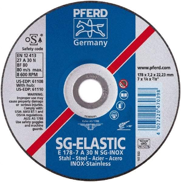 PFERD - 46 Grit, 4-1/2" Wheel Diam, 1/4" Wheel Thickness, 7/8" Arbor Hole, Type 27 Depressed Center Wheel - Aluminum Oxide - A1 Tooling