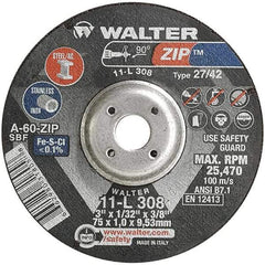 WALTER Surface Technologies - 60 Grit, 3" Wheel Diam, 1/32" Wheel Thickness, 3/8" Arbor Hole, Type 27 Depressed Center Wheel - Aluminum Oxide, Resinoid Bond, 25,470 Max RPM, Compatible with Die Grinders & Straight Shaft Grinder - A1 Tooling