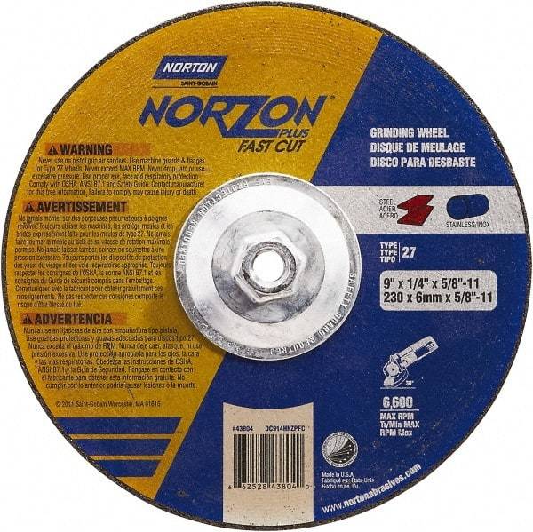 Norton - 9" Wheel Diam, 1/4" Wheel Thickness, Type 27 Depressed Center Wheel - Ceramic, Resinoid Bond, 6,600 Max RPM - A1 Tooling