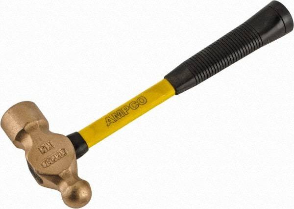 Ampco - 2-3/4 Lb Head Aluminum Bronze Ball Pein Hammer - 14" Fiberglass Handle with Grip, 1-13/16" Face Diam, 14" OAL - A1 Tooling