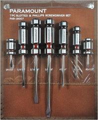 Paramount - 7 Piece Slotted, Phillips & Stubby Screwdriver Set - Blade Sizes: Width 1/4, 5/16 & 3/8, Bit Sizes: Philips #1 & #2 - A1 Tooling