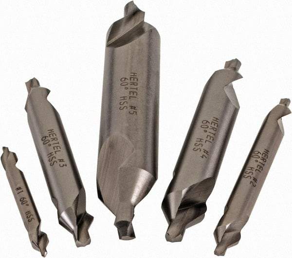 Hertel - #1 to 5, 1/8 to 7/16" Body Diam, 1/8" Point Diam, Plain Edge, High Speed Steel Combo Drill & Countersink Set - 0.0469 to 0.1875" Point Length, 1/8 to 2-3/4" OAL, Double End, Hertel Series Compatibility - A1 Tooling