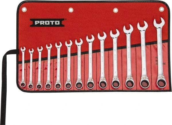 Proto - 13 Piece, 7mm to 19mm, 12 Point Reversible Ratcheting Combination Wrench Set - Metric Measurement Standard, Full Polish Chrome Finish, Comes in Tool Roll - A1 Tooling