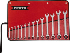 Proto - 14 Piece, 1/4" to 1", 12 Point Ratcheting Combination Wrench Set - Inch Measurement Standard, Full Polish Chrome Finish, Comes in Tool Roll - A1 Tooling