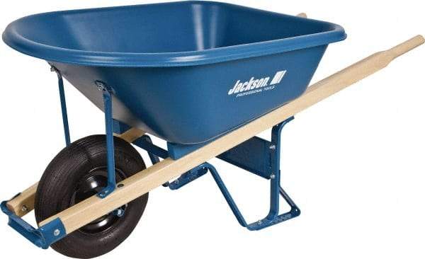 Jackson Professional Tools - 5.75 Cu Ft Capacity Wheelbarrow with 16" Pneumatic Wheel - Wood Handle, 59-1/4" Long x 29-1/2" Wide x 27-1/4" High, Blue - A1 Tooling