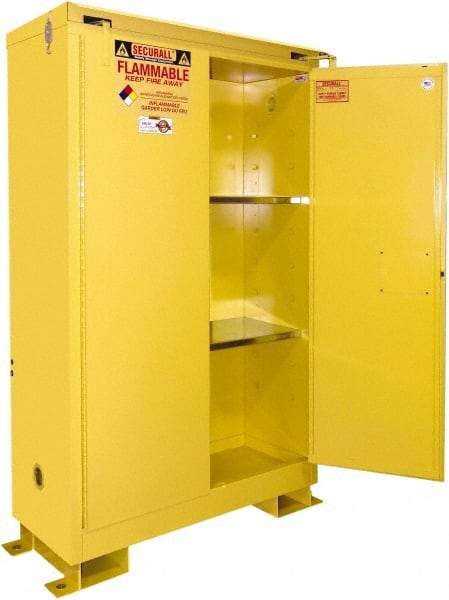 Securall Cabinets - 2 Door, 2 Shelf, Yellow Steel Standard Safety Cabinet for Flammable and Combustible Liquids - 71" High x 43" Wide x 18" Deep, Self Closing Door, 3 Point Key Lock, 45 Gal Capacity - A1 Tooling