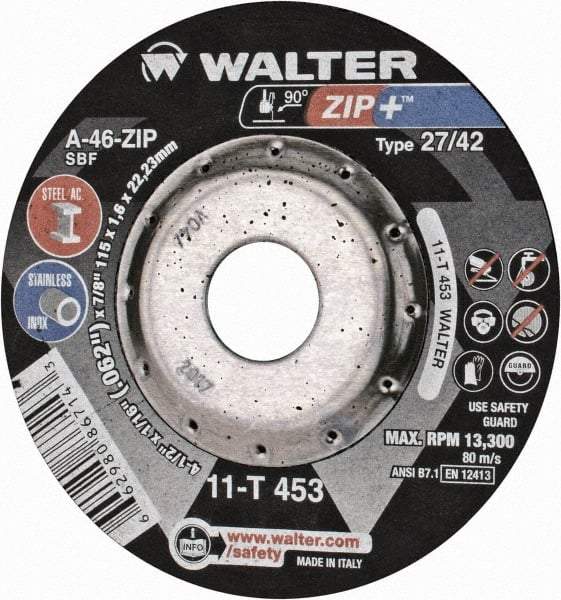 WALTER Surface Technologies - 4-1/2" Wheel Diam, 1/16" Wheel Thickness, 7/8" Arbor Hole, Depressed Center Wheel - Aluminum Oxide/Silicon Carbide Blend, 13,300 Max RPM - A1 Tooling