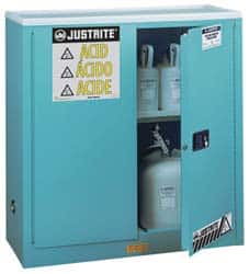 Justrite - 2 Door, 1 Shelf, Blue Steel Standard Safety Cabinet for Corrosive Chemicals - 44" High x 43" Wide x 18" Deep, Manual Closing Door, 3 Point Key Lock, 30 Gal Capacity - A1 Tooling