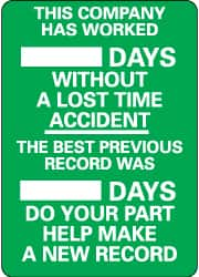 NMC - Scoreboards Scoreboard Type: Write-On Legend: This Company Has Worked ___ Days without A Lost Time Accident - The Best Previous Record Was ___ Days - Do Your Part... - A1 Tooling