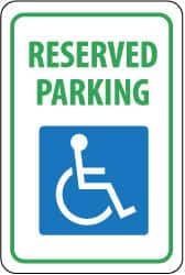 NMC - "Reserved Parking", "Handicapped Symbol", 12" Wide x 18" High, Aluminum ADA Signs - 0.063" Thick, Green & Blue on White, Rectangle, Post Mount - A1 Tooling