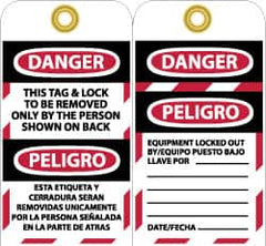 NMC - 3" High x 6" Long, DANGER - THIS TAG & LOCK TO BE REMOVED ONLY BY THE PERSON SHOWN ON BACK, English & Spanish Safety & Facility Lockout Tag - Tag Header: Danger, 2 Sides, Black, Red & White Unrippable Vinyl - A1 Tooling