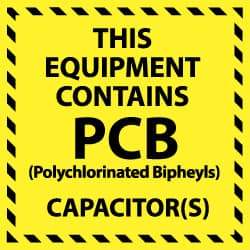 NMC - Hazardous Materials Label - Legend: This Equipment Contains PCB (Polychlorinated Biphenyls) Capacitor(s), English, Black & Yellow, 6" Long x 6" High, Sign Muscle Finish - A1 Tooling