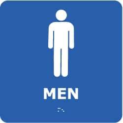 NMC - Men, 8" Wide x 8" High, Plastic Sign - English, Braille, White on Blue, Wall Mount - A1 Tooling