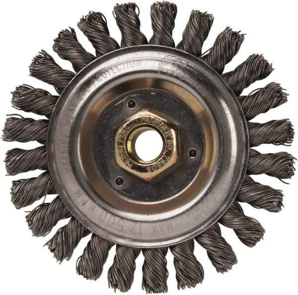 Weiler - 5" OD, 5/8" Arbor Hole, Stringer Bead Steel Wheel Brush - 1/2" Face Width, 7/8" Trim Length, 0.023" Filament Diam, 12,500 RPM - A1 Tooling