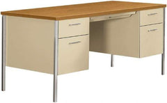 Hon - Woodgrain Laminate/Metal Double Pedestal Desk with Center Drawer - 62-3/4, 60" Wide x 30" Deep x 22-1/2, 29" High, Harvest/Putty - A1 Tooling