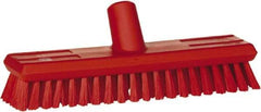 Vikan - 1.3" Bristle Length, Polyester Scrub Brush - 10-3/4" Long x 2-1/2" Wide Head, 11" OAL, European Threaded Handle, Red, Polypropylene Block - A1 Tooling