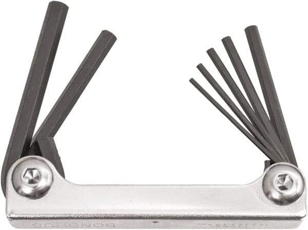 Bondhus - 7 Piece Fold-Up Ball End Hex Key Set - Hex Range 2 to 8mm, 6.63" OAL, Protanium High Torque Steel - A1 Tooling