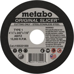 Metabo - 4-1/2" 60 Grit Aluminum Oxide Cutoff Wheel - 0.04" Thick, 7/8" Arbor, 15,000 Max RPM, Use with Angle Grinders - A1 Tooling