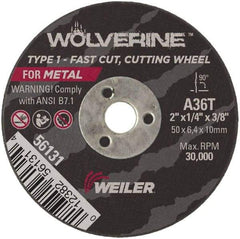 Weiler - 2" Diam x 3/8" Hole x 1/4" Thick, T Hardness, 36 Grit Surface Grinding Wheel - Aluminum Oxide, Type 1, Medium Grade, 30,000 Max RPM, Resinoid Bond - A1 Tooling