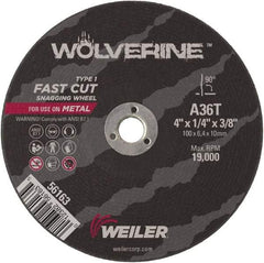 Weiler - 4" Diam x 3/8" Hole x 1/4" Thick, T Hardness, 36 Grit Surface Grinding Wheel - Aluminum Oxide, Type 1, Medium Grade, 19,000 Max RPM, Resinoid Bond - A1 Tooling