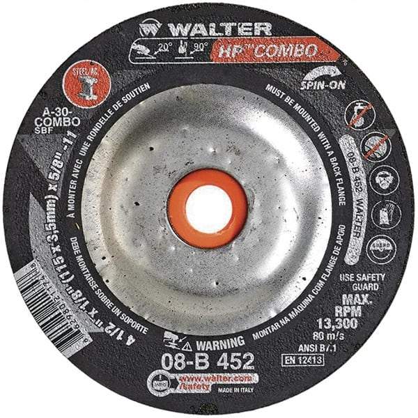 WALTER Surface Technologies - 30 Grit, 4-1/2" Wheel Diam, 1/8" Wheel Thickness, Type 27 Depressed Center Wheel - Aluminum Oxide, 13,300 Max RPM - A1 Tooling