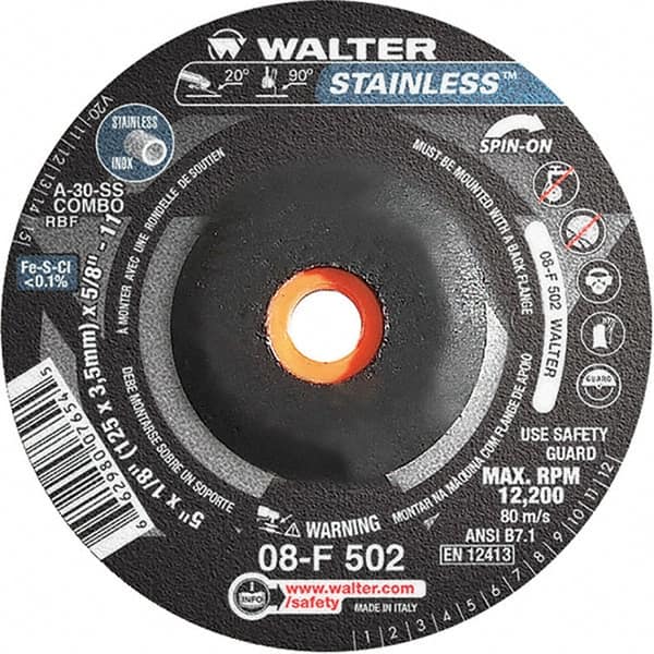 WALTER Surface Technologies - 30 Grit, 5" Wheel Diam, 1/8" Wheel Thickness, Type 27 Depressed Center Wheel - Aluminum Oxide, Resinoid Bond, 12,200 Max RPM - A1 Tooling