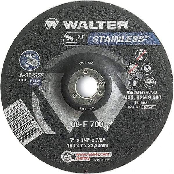 WALTER Surface Technologies - 30 Grit, 7" Wheel Diam, 1/4" Wheel Thickness, 7/8" Arbor Hole, Type 27 Depressed Center Wheel - Aluminum Oxide, Resinoid Bond, 8,600 Max RPM - A1 Tooling