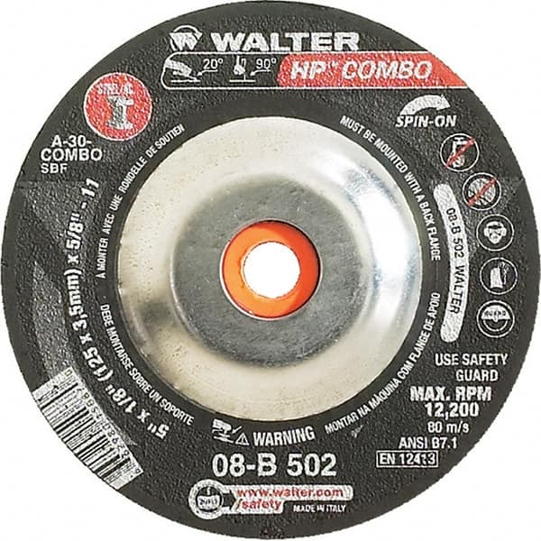 WALTER Surface Technologies - 30 Grit, 5" Wheel Diam, 1/8" Wheel Thickness, Type 27 Depressed Center Wheel - Aluminum Oxide, Resinoid Bond, 12,200 Max RPM - A1 Tooling